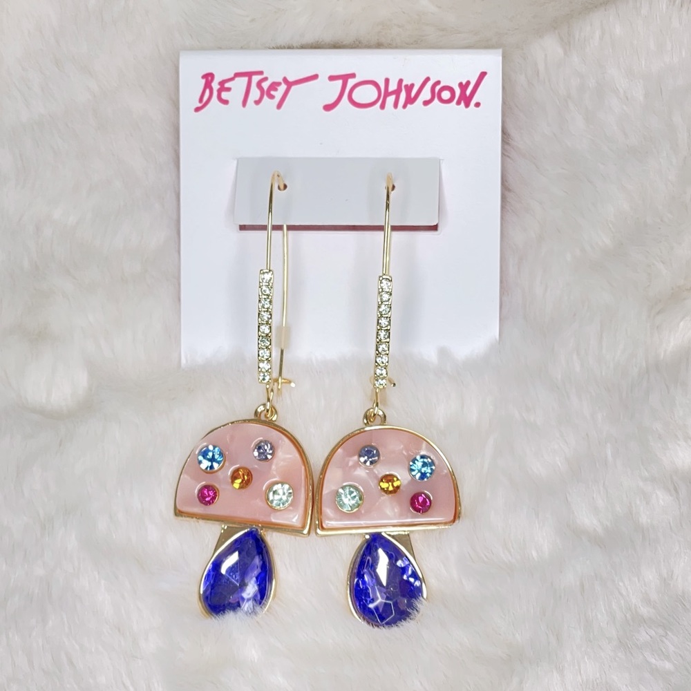 NEW Betsey Johnson Mushroom Earrings Pink Enamel Blue Crystal Dangle Gold Tone‎